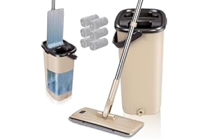 Masthome Balai Microfibre et Seau Essoreur, 360° Rotatif Serpillère Plat Microfibre avec 6 Serpillères de Rechange, Vadrouille de Mains Libre pour Nettoyage Sols Bois, Stratifiés, Carrelage et Marbre