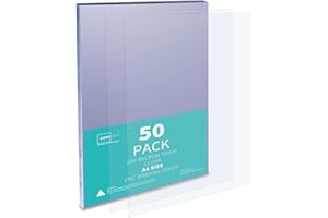 Binditek 50 Pack 200 Micron A4 Binding Covers, PVC Clear Binding Covers, Square Corners, Un-Punched, Office and School Supplies