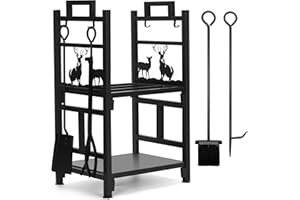 INNO STAGE Porte-bûches de cheminée Support à bois 2 couches en feu de fer avec 4 outils pour foyer - Brosse, pelle, tenaille et crochet