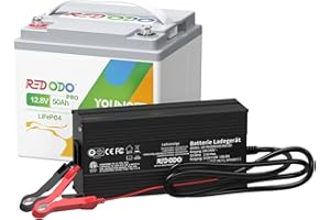 Redodo 12,8V 50Ah Bateria Litio con 14,6V 10A Cargador de Batería LiFePO4 BMS 50A Integrado Carga Rápida y Completa en 5 Horas para RV, Camping, Casa Solar, Marina y Barco