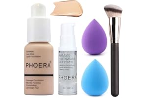 HQDA 5PCS Liquid Foundation Set - Matte Liquid Full Coverage Foundation with Face Primer, Brush, Makeup Sponge Makeup Set (#102)
