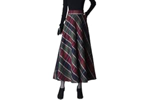 BiilyLi Gonna Lunga Donna Vintage Vita Alta Maxi Lana Invernale Pieghe Elegante Scozzese Caldo Vita Elastica Svasata Gonne