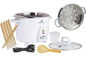 ‎KEMAR KITCHENWARE KeMar Rice Cooker (1.8 L, 700 W, White) with Warming Function, Including Steamer Insert, Bamboo Spoon and Measuring Cup (KRC-300 + Steamer Insert) -10 Measuring Cups 1-10 People, Stainless Steel Pot,