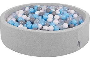 KiddyMoon Bällebad 120X30cm/600 Bälle Rund Groß Bällepool Mit Bunten Bällen Für Babys Kinder, Hellgrau: Grau/Weiß/Transparent/Babyblue
