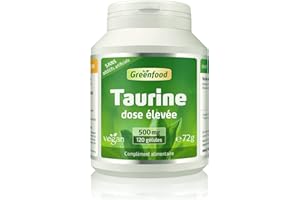 Greenfood Taurine, 500 mg, dose élevée, 120 gélules - SANS additifs artificiels. Sans organisme génétiquement modifié. Vegan