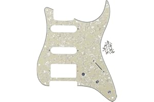 IKN 11 Hole Strat SSH Pickguard Guitar Scratchplate with Mounting Screws for U.S./Mexican Fender Standard Stratocaster Bridge Cut, 4Ply Aged Pearl