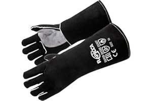 RAPICCA Guantes de Soldadura de Cuero Forjado/Mig/Stick Resistentes al Calor, Guantes Para Horno/Parrilla/Hhimenea/horno/Estufa/Soporte de Olla/Soldador Tig/Barbacoa/Guante de Manejo de Animales con Manga Extra Larga