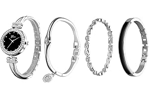 JewelryWe Damski zestaw zegarków i bransoletek kwarcowy zegarek na rękę, elegancki kryształ górski, sukienka zegarek, zestaw bransoletek dla kobiet, Srebrny, Retro