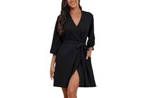 PrinStory Womens Dressing Gown Waffle Soft Kimono Robe V-Neck Short Knit Bathrobe Nightwear Sleepwear