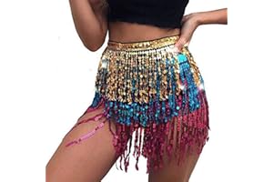 Zookey Sequins Tassel Skirt Belly Dance Skirt Rave Fringe Hip Scarf Costume Dance Mini Wrap Skirts for Women and Girls