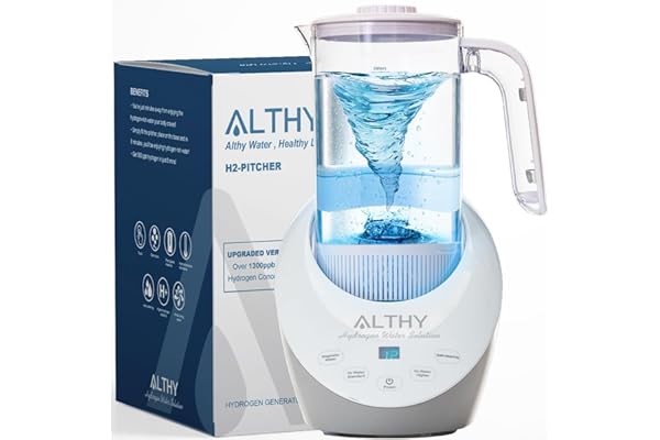 ALTHY - Carafe à Hydrogénée Eau SPE&PEM, Générateur d'eau Hydrogénée, Capacité de 1,6 L, Niveaux de pH équilibrés et Filtrée au Sulfite de Calcium, Réduire le Chlore Résiduel, Carafe Sans BPA