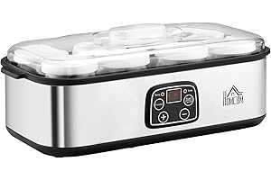 ‎HOMCOM HOMCOM Joghurtbereiter Griechische Joghurtmaschine mit Deckel, 8 BPA-freier Glas-Innenbehälter à 180 ml, Joghurt Maker mit LCD Display Timer, für bis zu 1,4 Liter Joghurt 25 W Silber