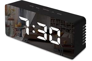 FXDM Digital Mirror Alarm, LED Bedside Clock with Temperature, Snooze,voice Control Makeup Mirror Adjustable Brightness Clock-Black, One Size (F05)