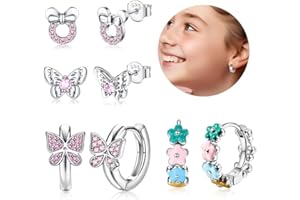 Adramata 4 Paires Boucles d'oreilles en Argent Sterling 925 pour Femmes Filles Boucles d'oreilles Créoles Coeur Papillon Hypoallergéniques Zircone Cubique Boucles d'oreilles Enfant Ensemble