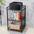 HANS CAO Industrial 3-Shelf Printer Stand, Rustic Printer Cart with Wheels, Large Printer Desk Cart with Storage Shelves, Office Organizer for Home, Living Room, 19.3'' x 19.3'' x 34.8''
