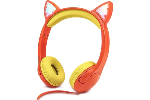 Olyre Casque D'écoute pour Enfants avec Lumière LED, Casque de Chat avec Port de Partage Jack 3,5 mm Compatible avec Les Smartphones, Ordinateurs, MP3/4, Kindle Fire et Tablettes - Orange/Jaune