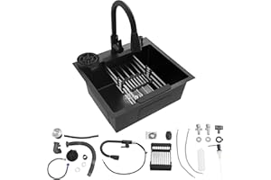 ZOOBOTANICA Fregadero de acero inoxidable de 50 x 45 cm, color negro, con grifo extraíble y lavavajillas para tazas, fregadero de cocina multifuncional, 1 lavabo, incluye tubo de drenaje, dispensador de jabón