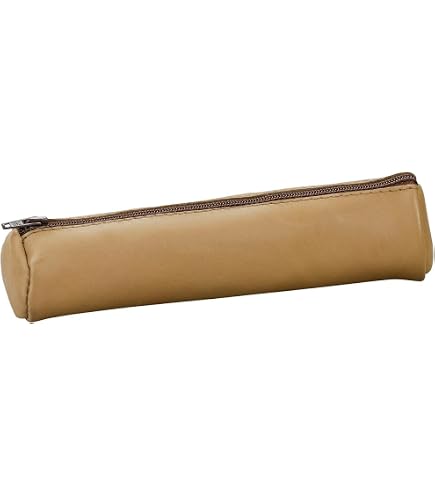 Trousses Scolaire Ronde ELBA - Cuir Ebene Noir, 17.5x4 Cm, Fermeture Éclair, Porte-Nom