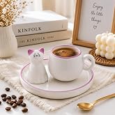 Kedi Fig&uuml;rl&uuml; Lila Renk Seramik Espresso Fincanı ve Tabak Seti &ndash; Sevimli Tasarım Mini Kahve Fincanı