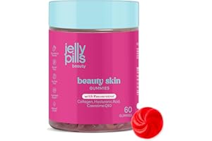 Jelly Pills Gummies avec 500 mg Collagène Hydrolysé, Resvératrol, Acide Hyaluronique, CoQ10 & Vit. C – 60 Gummies Goût Fraise – Sans Sucres Ajoutés – Peau Ferme & Élastique