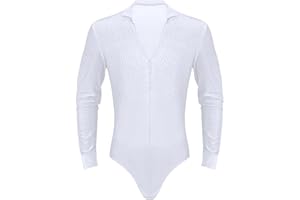 ranrann Justaucorps Danse Latine Homme Strass Brillant Col V Body Manches Longues Chemise Tango Samba Rumba Gym Combinaison Patinage Costume Moderne Jazz Dancewear M-XXL