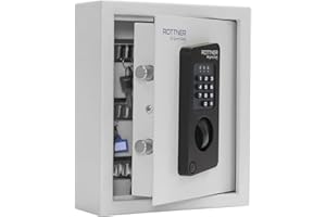 Rottner Keytronic 20 kluczowych bezpiecznych stalowych zamków elektronicznych, otwieranie awaryjne, możliwość regulacji haka, w zestawie z materiałem montażowym i 20 zawieszkami na klucze