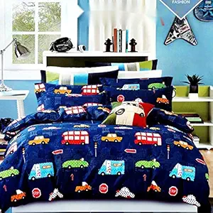 Ab Home Decor Cars and Buses Cartoon character Print Cotton Bedsheet with 2 Pillow Covers for Kids Double Bed - (90 x 100 inches, Multicolour)