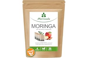 MoriVeda Moringa Dip Tea 100% naturale e vegano (miscela di foglie di Moringa, mela-cannella, melograno, zenzero, menta) Tè Moringa, 20 bustine mela-cannella