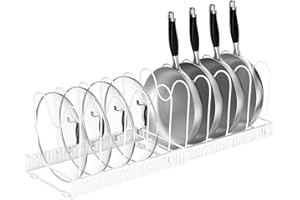 Fousenuk Organizador de Sartenes, Soporte Sartenes Expandible de Cocina, Separador de Sartenes Ajustable con 10 Compartimentos, Estante Ollas y Tapas, Sujeta Tapas Cocina de Metal (Blanco)