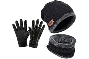 YULOONG Gorro de invierno y bufanda, juego de guantes de punto, calentadores de cuello, pantalla táctil, guantes de conducción para hombre y mujer, color negro