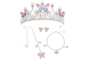 Zliger Krone Schmetterling Mädchenkopfschmuck Silber, Prinzessin Schmetterlingskrone Brautkopfschmuck mit Halskette Armband und Ohrringen für Cosplay Geburtstagsfeier Urlaub Party Geschenk