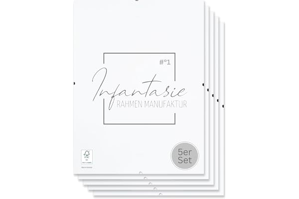 Infantasie N°1 klämram uppsättning 5 DIN A4 21 x 29,7 cm, ramlös | glasklara okrossbara skivor, vita laminerade MDF-bakväggar, metallfästklämmor, hög-/landskapsformat, utan passepartout