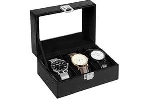 Uten Watch Box 3 Slots, Watch Case with Glass Lid, Metal Clasp, Watch Display Storage Box for Men and Women, Black Synthetic Leather, Black Velvet Lining, Removable Pillows, Gift Idea