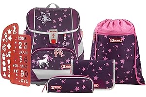 Step by Step Schulranzen-Set 2IN1 Plus „Unicorn Nuala“ 6-teilig, Beere, Einhorn-Design, ergonomischer Tornister mit Reflektoren, höhenverstellbar mit Hüftgurt für Mädchen 1. Klasse, 19L