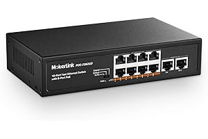 MokerLink 10 Puertos PoE Switch, 8 PoE+ 100Mbps, 2 Gigabit Uplink, 96W 802.3af/at, Metal, Sin Ventilador, Plug & Play Ethernet Switch