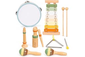 Liangding musikinstrument för barn, 12 delar i trä med xylofon, 3+ | Tamburin, maracas, triangel, guiro och visselpipa för att slå, skaka, skrapa och blåsa