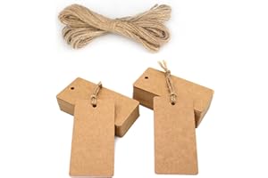 200pcs Étiquettes Papier Kraft Etiquette Cadeaux Rectangulaire 9x4,5cm et Ficelle de Jute, pour Mariage Noël Anniversaire Artisanat (marron)