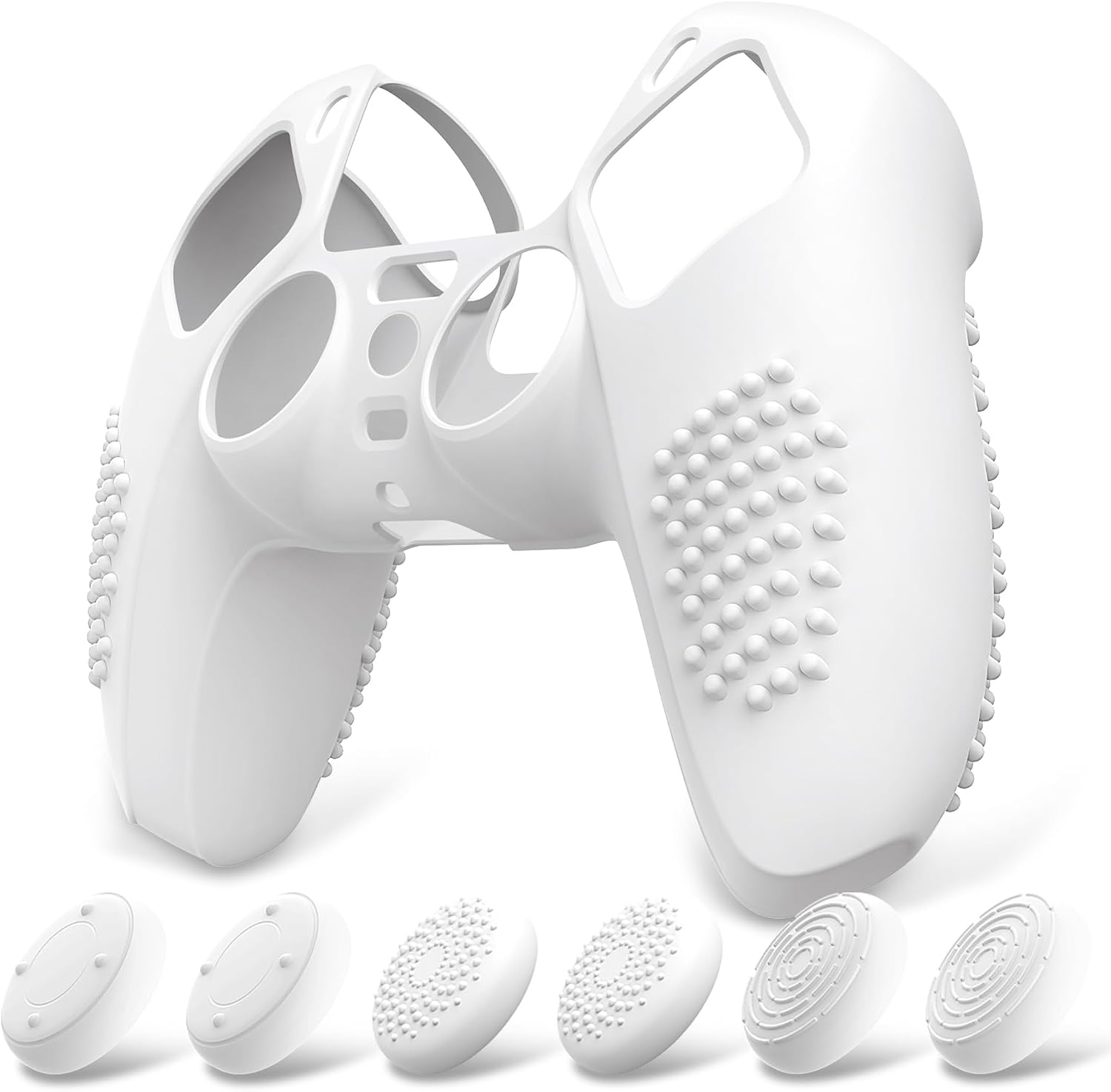 eXtremeRate PlayVital Funda de Silicona para ps5 Mando - Carcasa Protectora con 6 Tapas de Joysticks, Impermeable, Resistente y Antideslizante, Funda de Goma Suave para ps5, 3D Tachonado (Blanco)