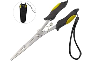 Caija-H Long Nose Fishing Pliers with Scissors, Hook Remover, Line Cutter, Disgorgers - Fishing Tool with Sheath