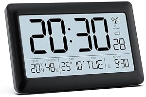LATEC Horloge Numérique Murale, Reveil Digitale Radiopilotée Grand Écran LCD 7,5" - Horloge Numérique à Piles avec Température/Humidité/Calendrier - Alarme/Snooze – Rétroéclairage