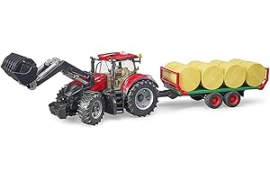 bruder 03198 - Case IH Optum 300CVX con caricatore frontale e rimorchio per trasporto balle, trattore, rimorchio per balle