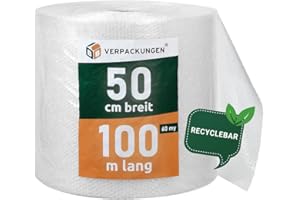 BB-Verpackungen 1 x films à bulles d'air de 0,5 x 100 m (véritable film à bulles de 60 my, film d’emballage, emballage alvéolaire de protection des objets délicats, recyclable) - Sets de 1 à 4 rouleaux