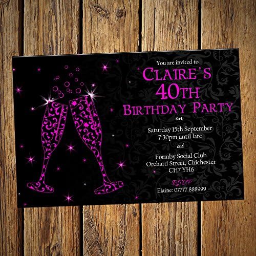 40th Personalised Birthday Party Invitations & Envelopes Pink Flute - Personalised