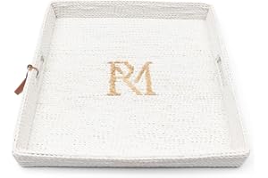 ‎RIVIERA MAISON Riviera Maison RM Monogram Tray, Square White Rattan with Handles, Decorative Tray, Handbraided, (L x W x H) 50 x 50 x 7.5 cm