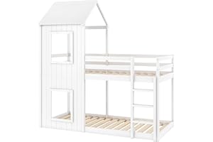 AZKOEESY Litera Infantil para 2 niños, 90 x 200 cm, Cama Infantil en Forma de casa, con Dosel y Ventana, con láminas, Material: Pino, Blanco -3071489WAA-1