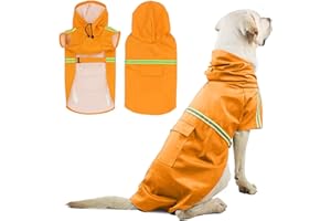 PETCUTE Impermeable para Perros,Abrigo Impermeable para Perro Medianos y Grandes con Capucha,Poncho de Lluvia para Perros con Agujero para Arnés, Tira Reflectante y Bolsillos,M