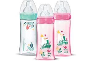 DODIE Lot de 3 Biberons Anti-Coliques Tétines Rondes 330ml +6 mois 3 vitesses Débit 3 - Rose et vert