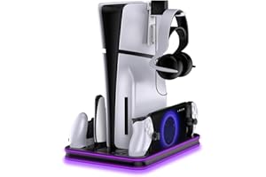EJGAME PS5 / P5 Slim Stand and Cooling Station with RGB LED Controller Charging Station for Playstation 5 Console, PS Portal Charging Dock, PS5 / P5 Slim Accessories with 3 Level Cooling Fan