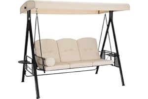 YODOLLA 3-Sitzer Hollywoodschaukel für Erwachsene, 3-Sitzer Veranda Schaukeln mit verstellbarem Baldachin, Außenschaukelbank mit abnehmbarem Kissen für Hinterhof, Garten, Hof, Pool, Balkon(Beige)