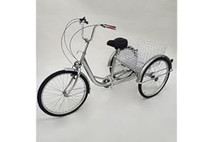 LENJKYYO 24 Inch Adult Tricycle 3 Wheels Bicycle Seniors Shopping Cargo Trike 6-Speed with Basket & Light & Backrest & Rear (Silver)